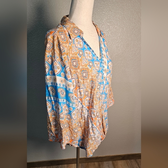 Cato Blue Cream and Tan Paisley Rayon Patterned Women's Blouse Top Size 14 16 - Picture 4 of 10